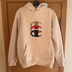Champion Supreme Embroidered Hoodie Hooded Sweatshirt Cream Red Size Large